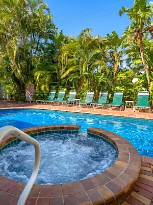 A tropical resort pool with a bubbling hot tub, brick deck, and lounge chairs under palm trees against a clear blue sky.
