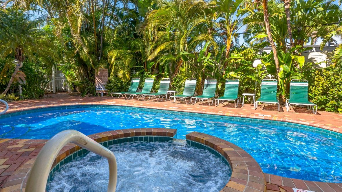 A bright outdoor swimming pool with a spa bubbler, surrounded by tropical palms and blue-green lounge chairs.