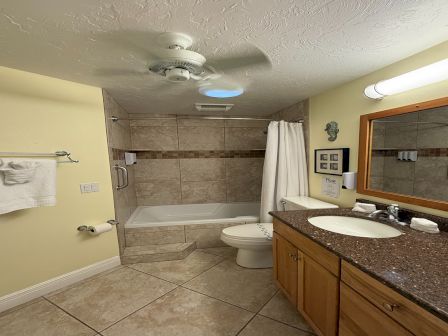 A tidy bathroom with a bathtub, toilet, double vanity, granite countertop, towel bars, and ceiling light fixtures.