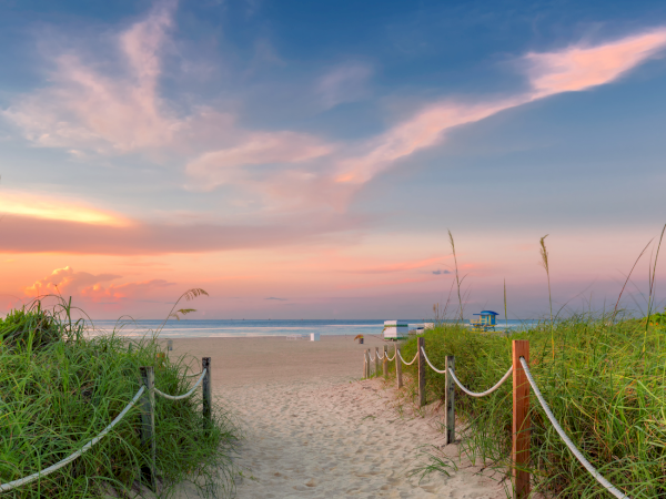 A sandy beach walkway lined with dunes and tall grass leads to the ocean under a pink sunset sky.