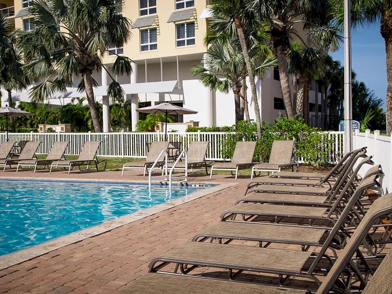 A sunny hotel pool area with rows of lounge chairs, palm trees, umbrellas, and a white building in the background.